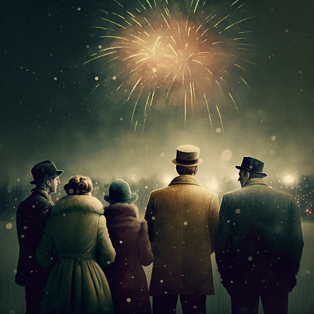 Generated by Midjourney; prompt: New years fireworks with friends, vintage